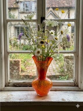 Vintage Orange Swirl Art Glass Ribbon Bud Vase Mid Century